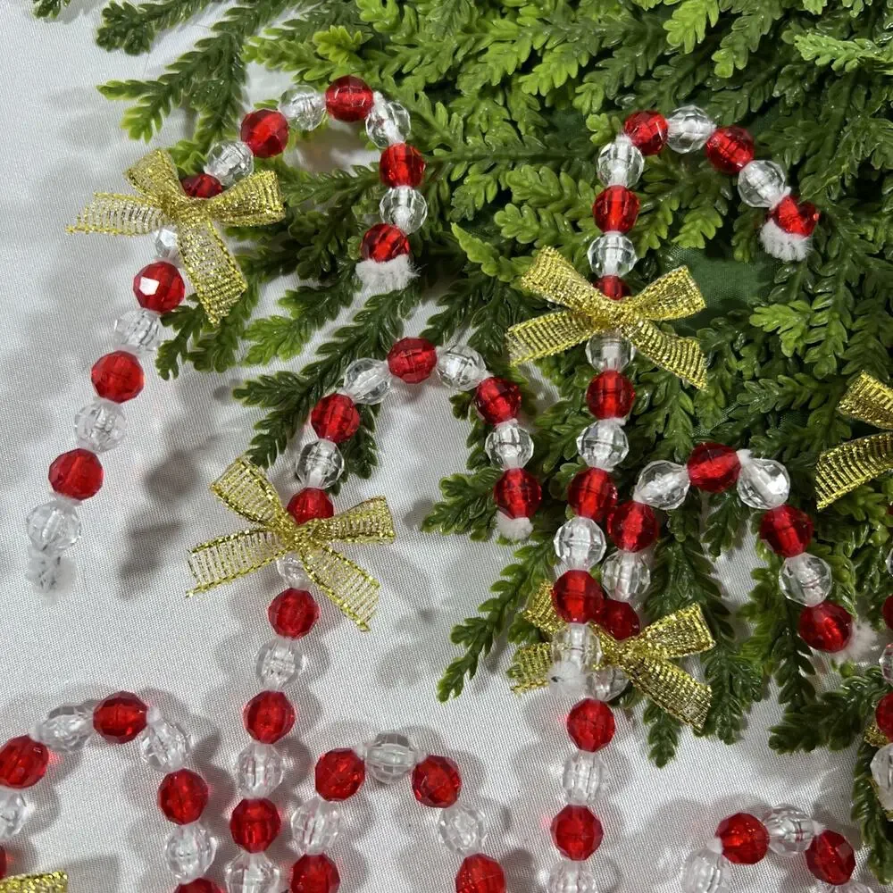 Vintage Beaded Candy Canes on Chenille Stems* Red w/ Modern Bows Set of 16